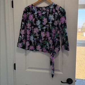 Talbots Black Floral Tie-Front Blouse